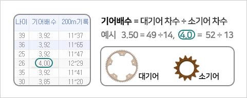 기어배수=대기어차수 ÷ 소기어 차수, 예: 3.05 = 49÷14, 4.0=52÷13